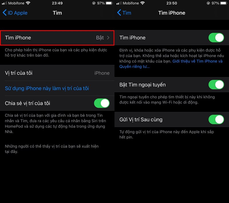 Cách khoá iCloud bằng Tìm iPhone bước 2